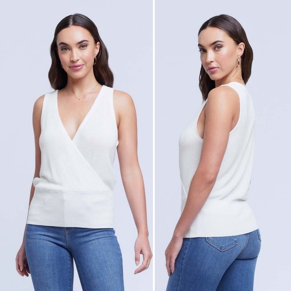 L'AGENCE Cream Sleeveless V-Neck Wrap Knit Top
